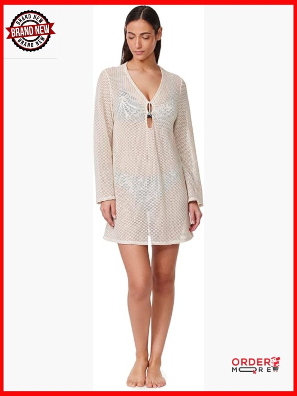 Crochet Mini Dress Cover-Up, V-Neck Key Hole, Long Sleeves, Pull-On
